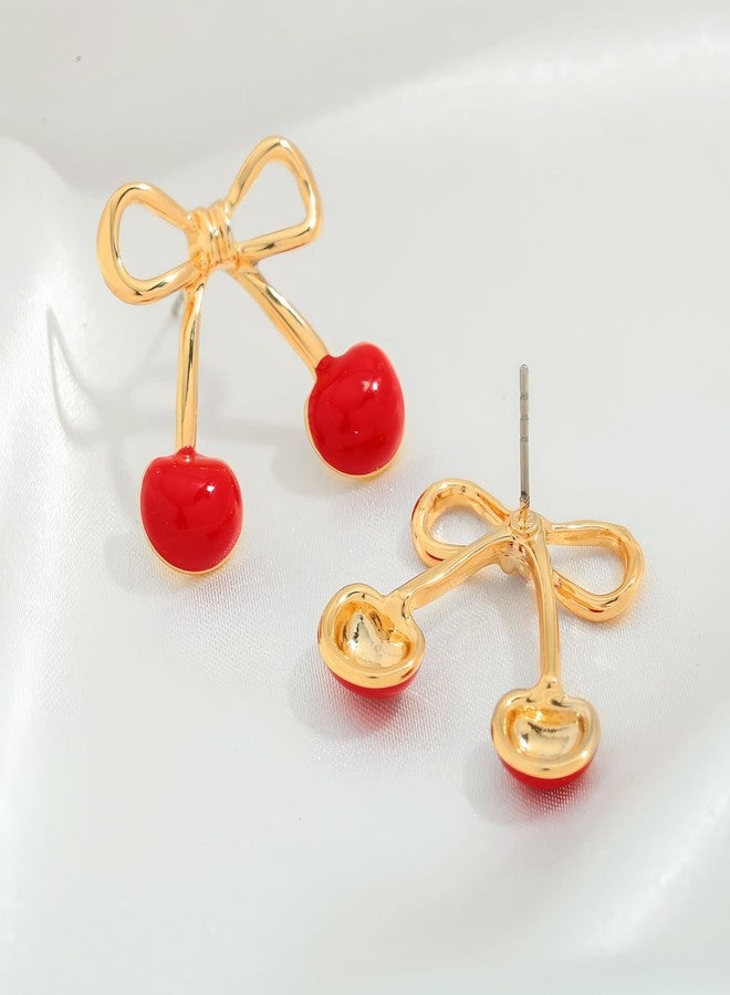 HolidayQbee Gold Cherry Stud Earrings for Women 14K Gold Plated Cute Red Cherry Bow Flat Back Earrings Studs Hypoallergenic Handmade Statement Fruit Earrings Jewelry Gifts - Image 4